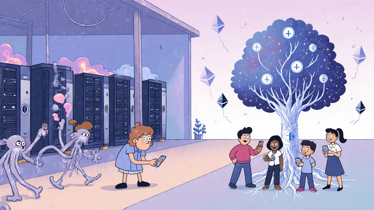 Everyday people staking crypto on smartphones while overheating ASIC miners sweat and smoke in a cartoon warehouse.