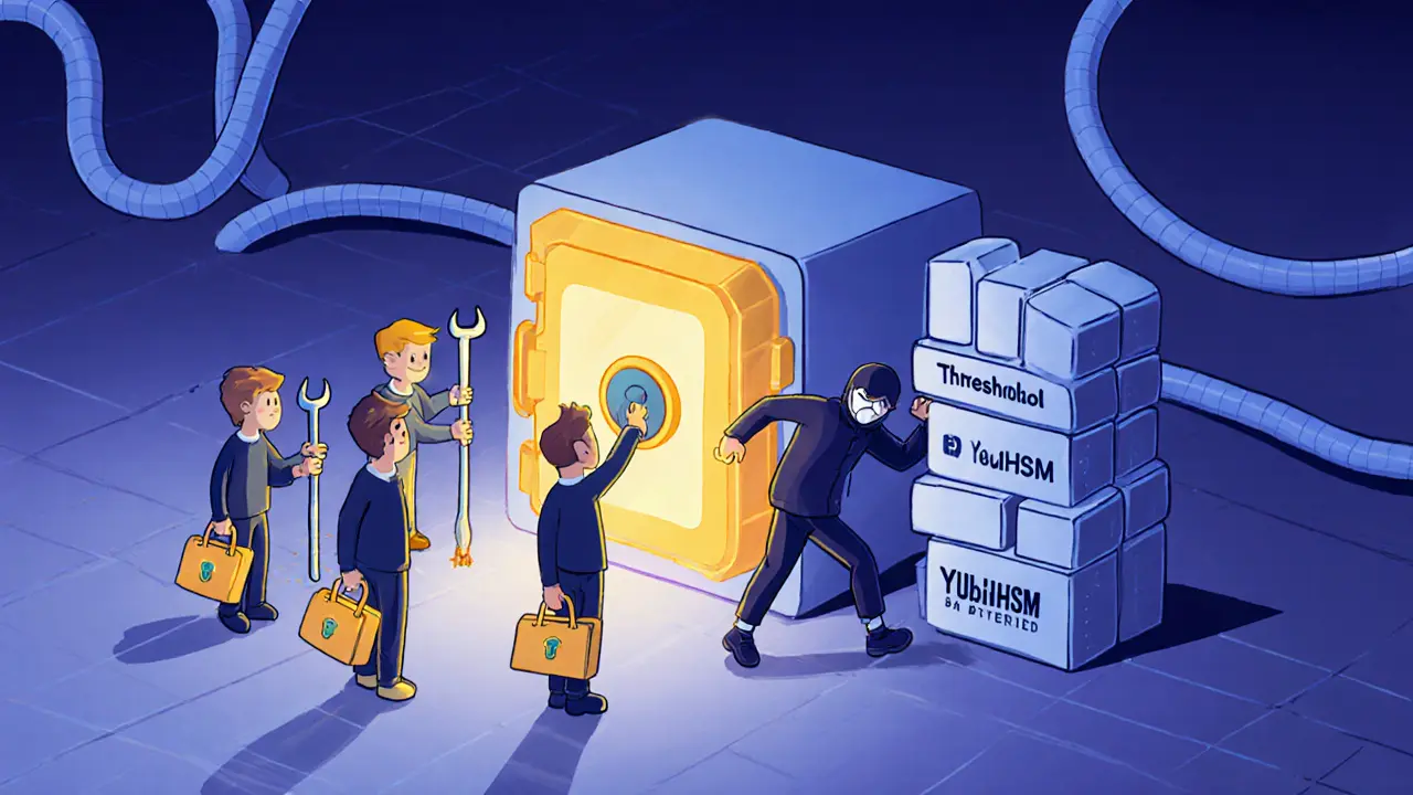 Five developers unlock a vault using multisig levers while a hacker is blocked by a threshold signature wall.