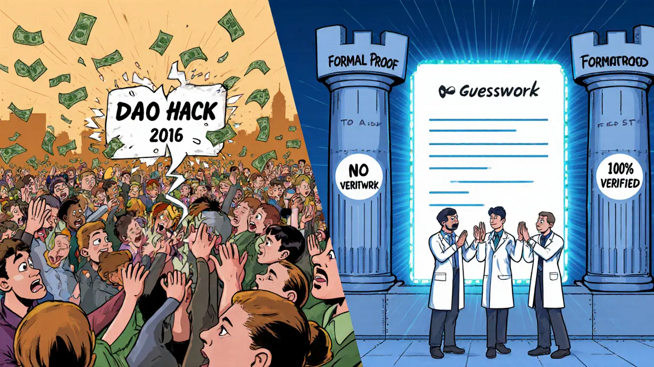 Split scene: chaotic DAO hack on one side, calm verified contract on the other, shown in cartoon style.