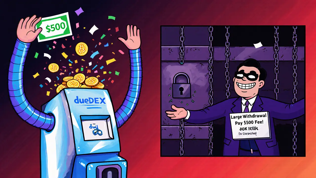 User happily deposits money, but behind them, a locked vault demands more payment to withdraw.