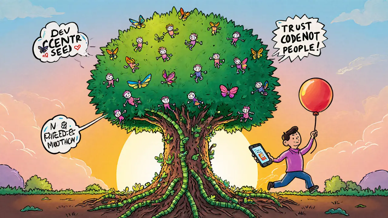 A blockchain tree with 24,000 node characters holding hands across countries, symbolizing decentralized Bitcoin security.