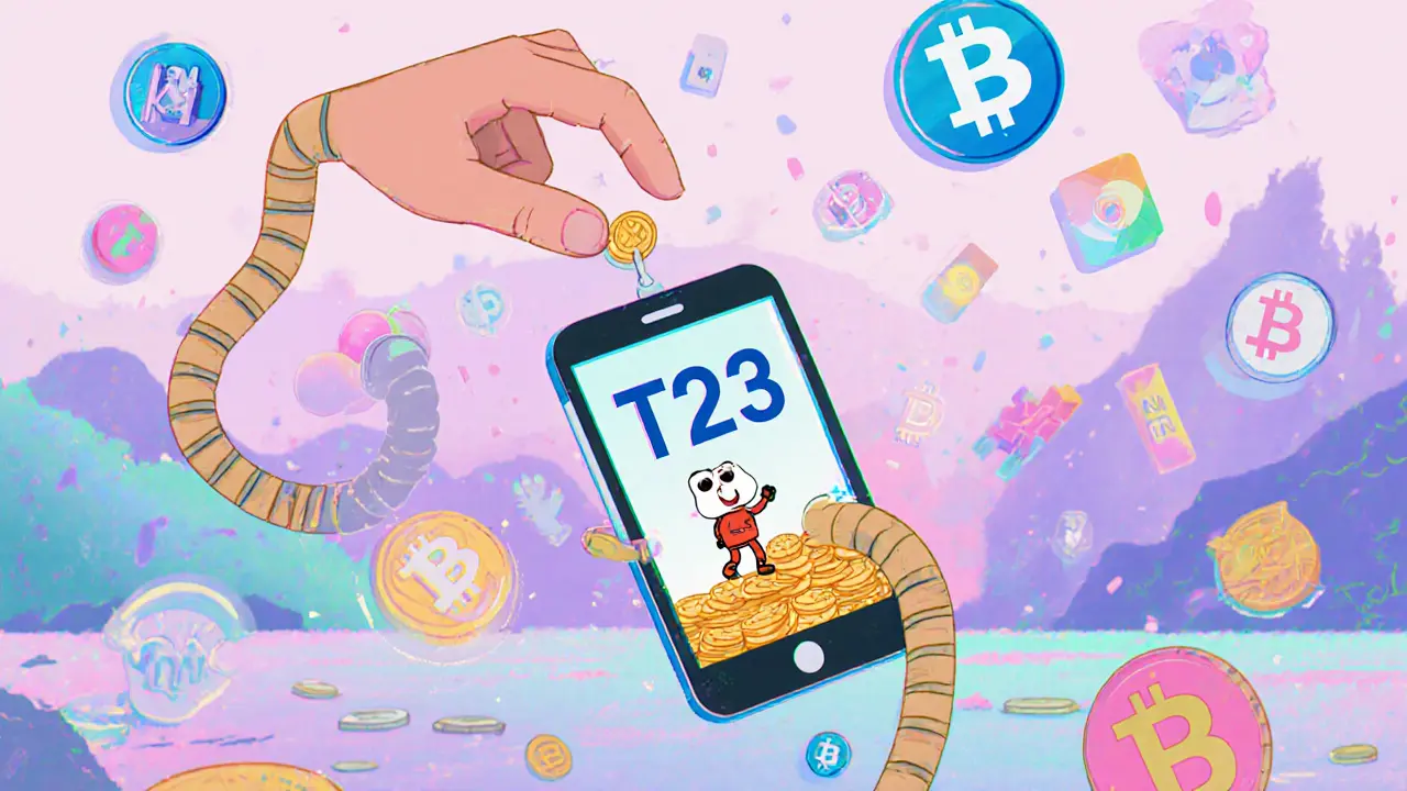 A cartoon hand connected to a phone screen collecting T23 coins in a candy-colored blockchain landscape.
