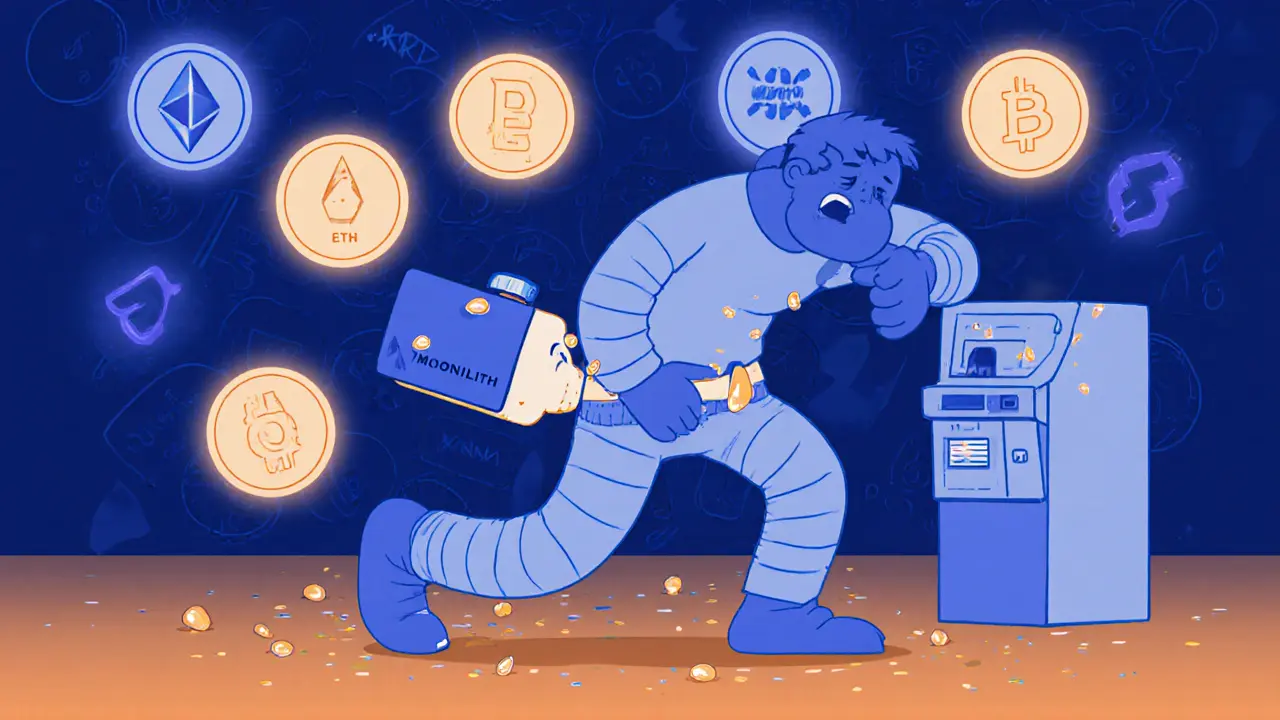 A confused user with a gas tank tied to their belt, struggling to use a Monolith card as crypto fees drain away.