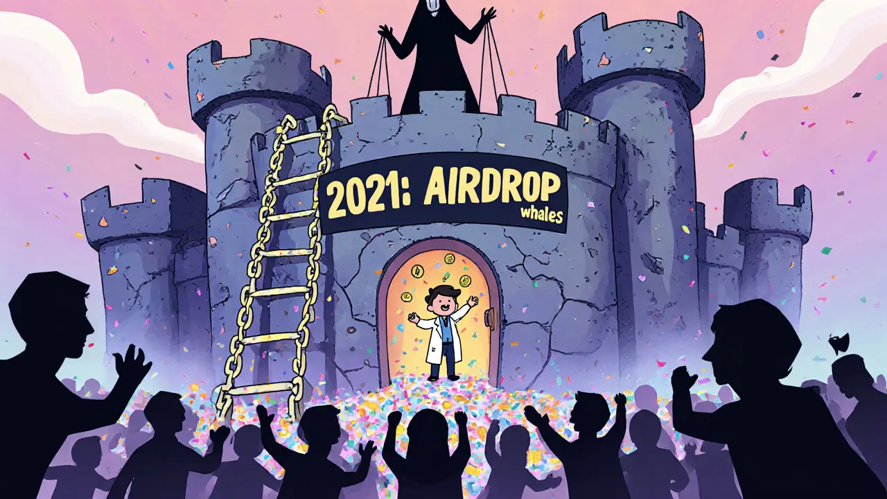 A crumbling castle of Ethereum blocks with a Polygon ladder leading to an airdrop door, while whales pull strings above.