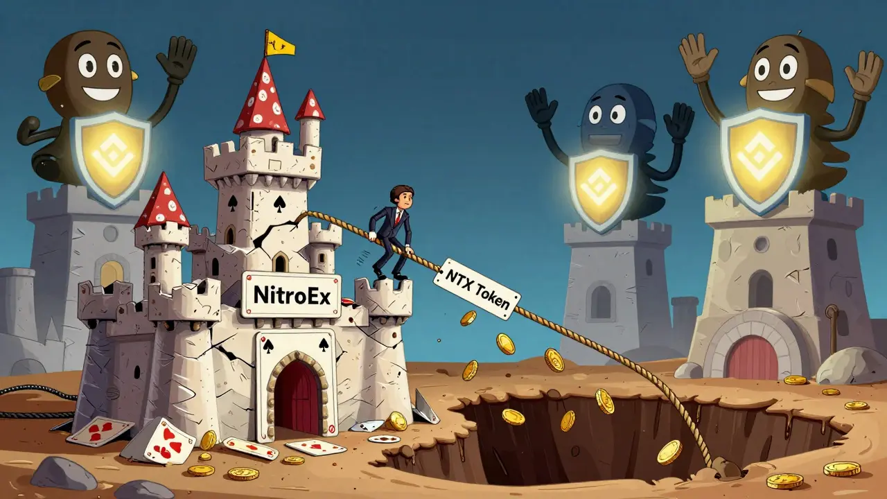 A crumbling NitroEx castle made of playing cards with a token rope snapping, while other exchanges stand safely nearby.