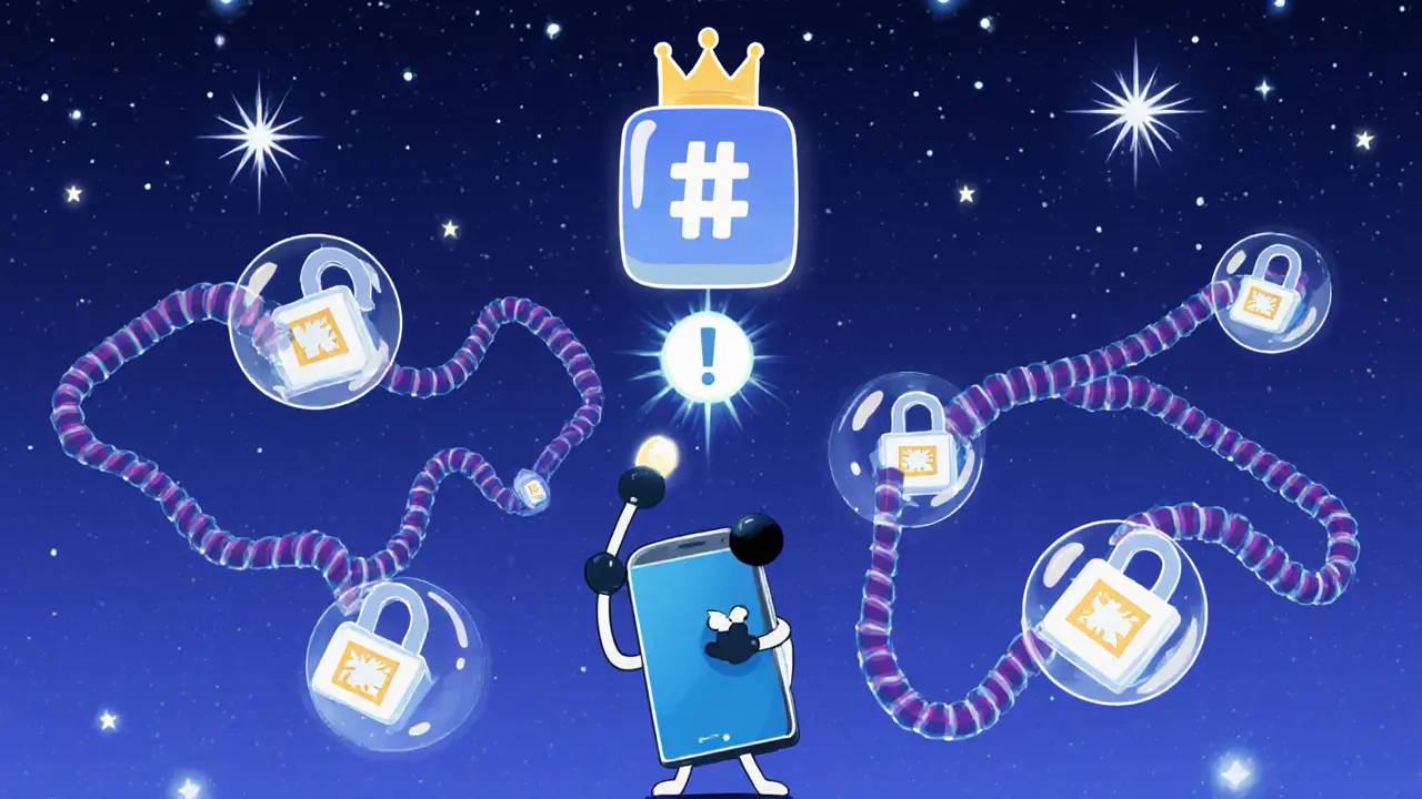 A cute phone wallet character connecting a transaction to floating hash locks that form a path to a crown.