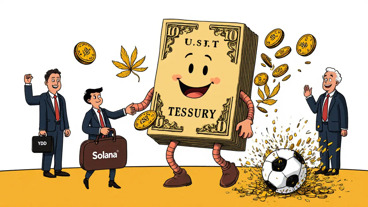 A friendly Treasury bond giving out USST coins and YLD tokens to a user, with institutional investors watching.