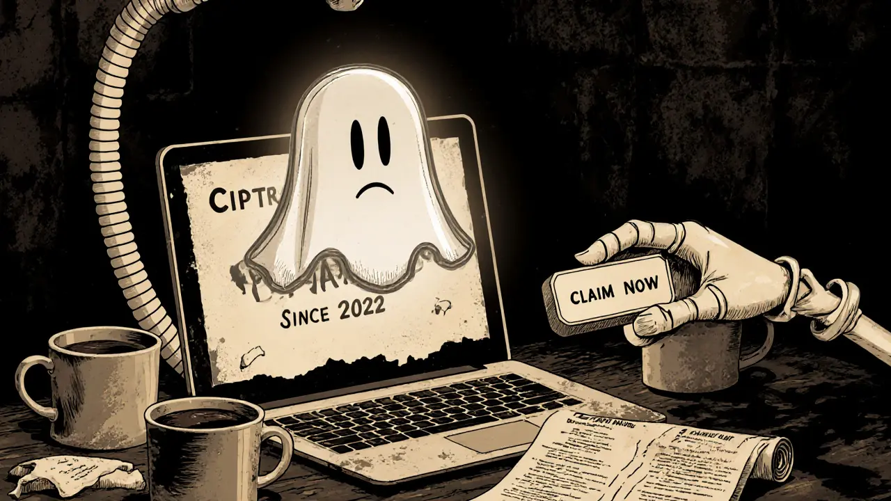A ghostly CPR token floating above a dead laptop with &#039;No Updates Since 2022&#039;, surrounded by discarded roadmap papers.