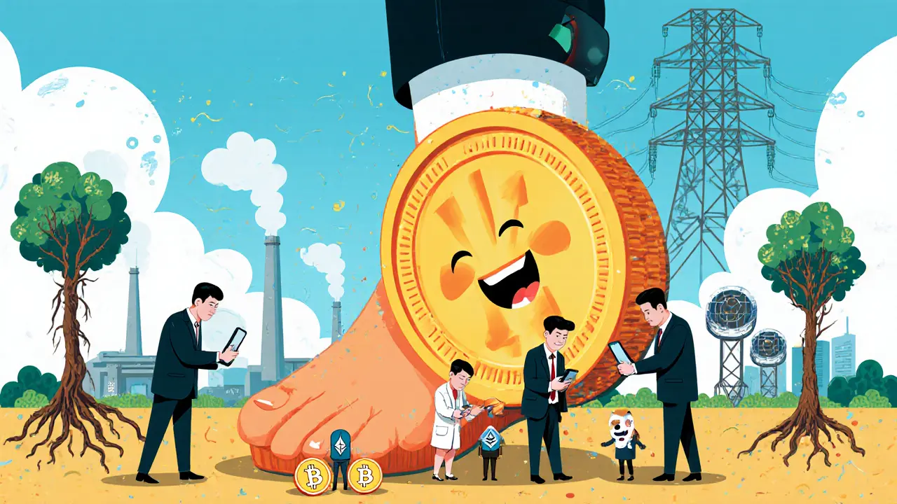 A giant digital yuan coin crushing crypto coins while citizens use e-CNY apps in a whimsical cartoon scene.