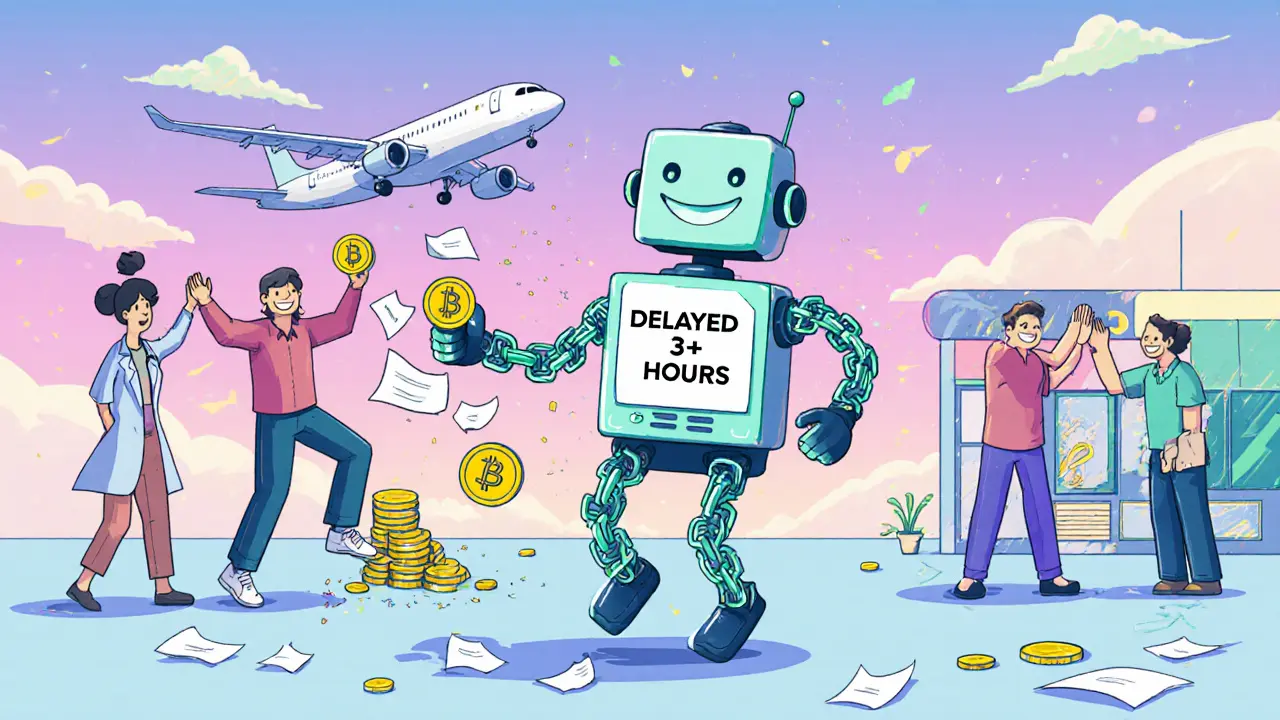 A happy customer gets instant payout from a dancing smart contract robot as paper claims crumble behind them.