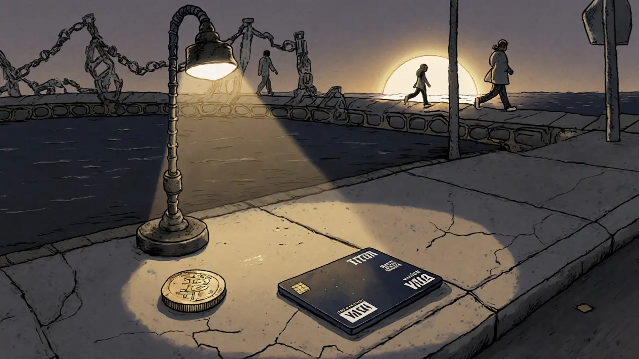 A lone Monolith debit card and spinning TKN token on a sidewalk, with a crumbling blockchain bridge leading to new wallets.