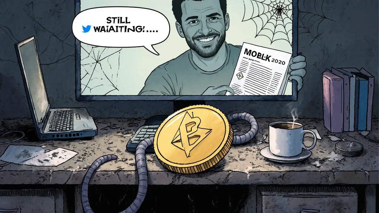 A lonely MOLK token abandoned on a dusty desk with a fading 2020 tweet and ghostly founder.