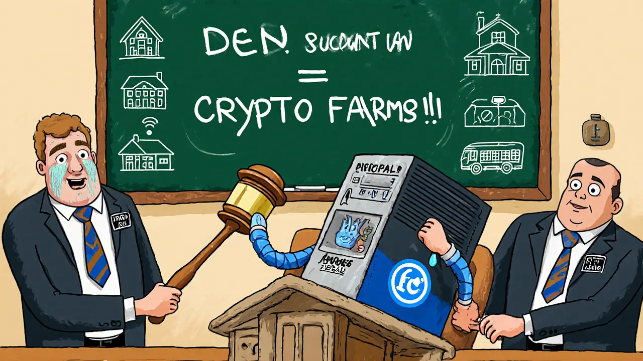 A rubber-hose judge in a BC Hydro robe slams a power-plug gavel as a crying mining rig is escorted from court.