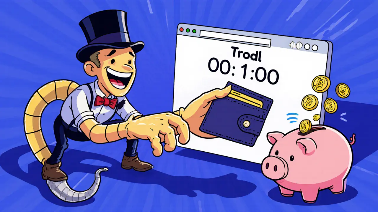 A scammer with a snake tail tricks a user into connecting their wallet, causing coins to fly out as a fake countdown timer ticks down.