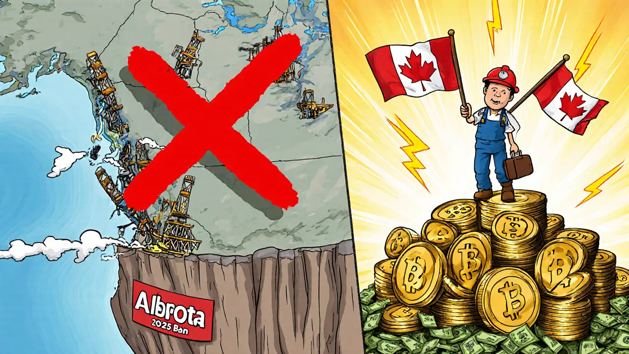 A split map shows British Columbia rejecting miners while Alberta welcomes them with glowing power and cash.
