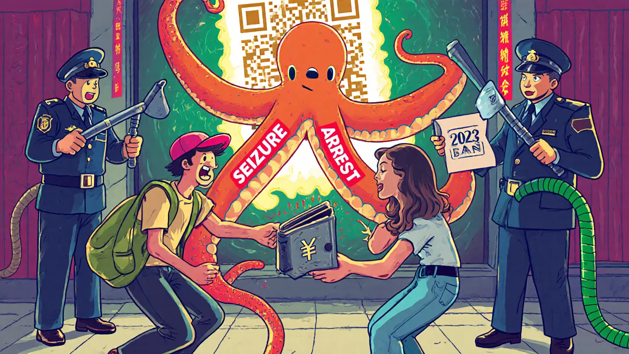 A tourist trying to give crypto to a vendor as the wallet turns into a screaming octopus in cartoon style.