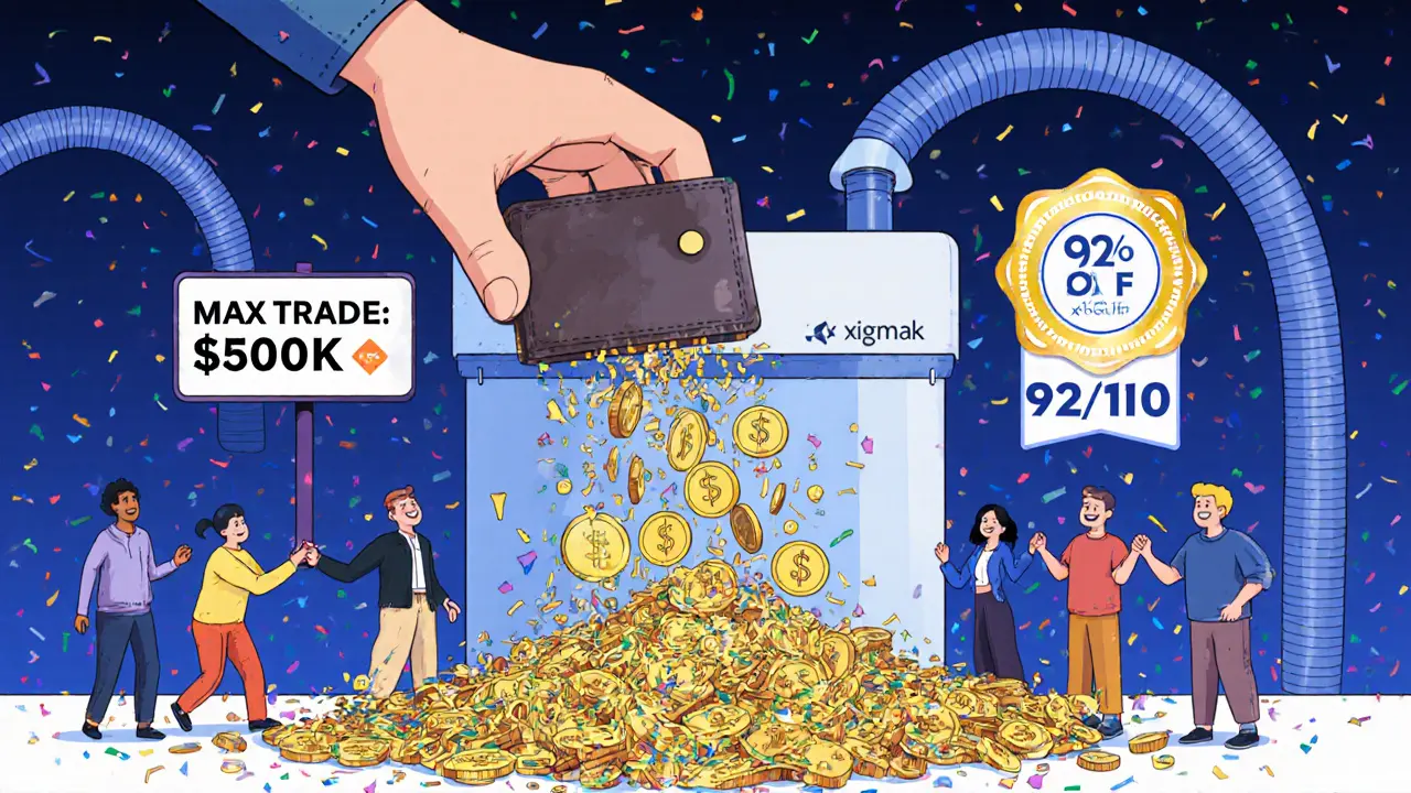 A user connects a wallet to a giant xSigma machine as $SIGMA tokens rain down with fee discounts and audit seals.