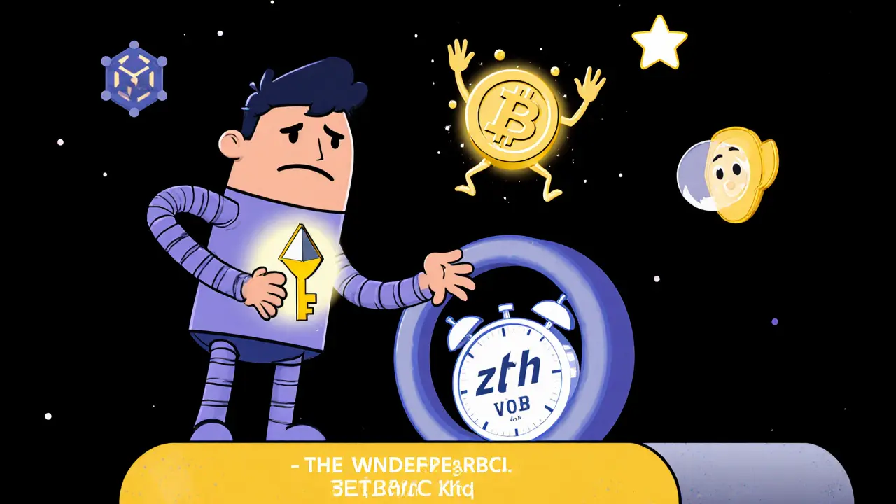 A user holds an NFT key before a 21-day hourglass, watching their ETH turn into a bouncing LETH token.