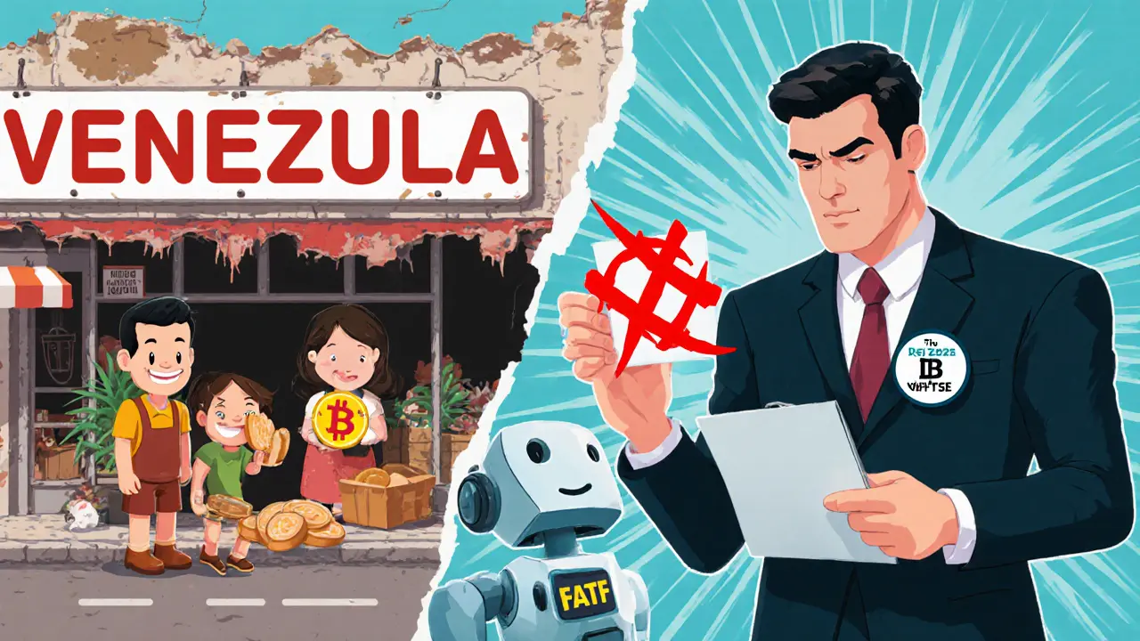 A Venezuelan family uses crypto to buy bread while a regulator blocks the transaction with a red X.