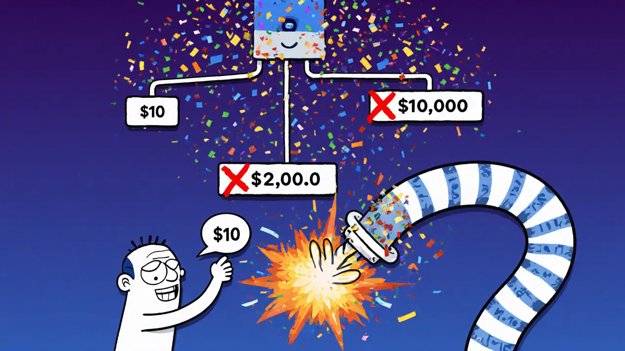 A villain trying to alter a payment as the entire tree above him collapses into colorful hash confetti.