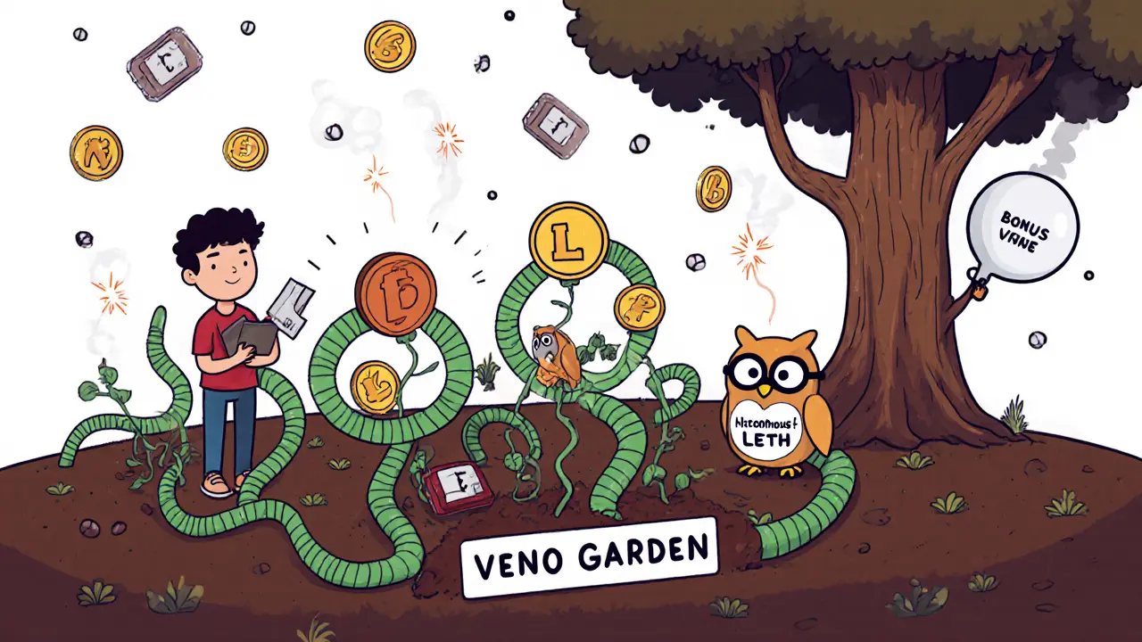 A whimsical garden with liquid token vines grows VNO rewards, watched by an owl labeled &#039;Auto-Compounding&#039;.