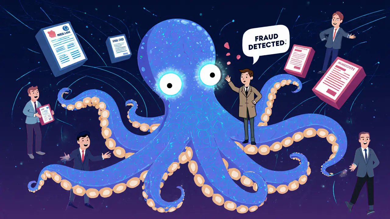 An AI octopus detects fraud in blockchain data while insurers connect in a chain, cartoon style.