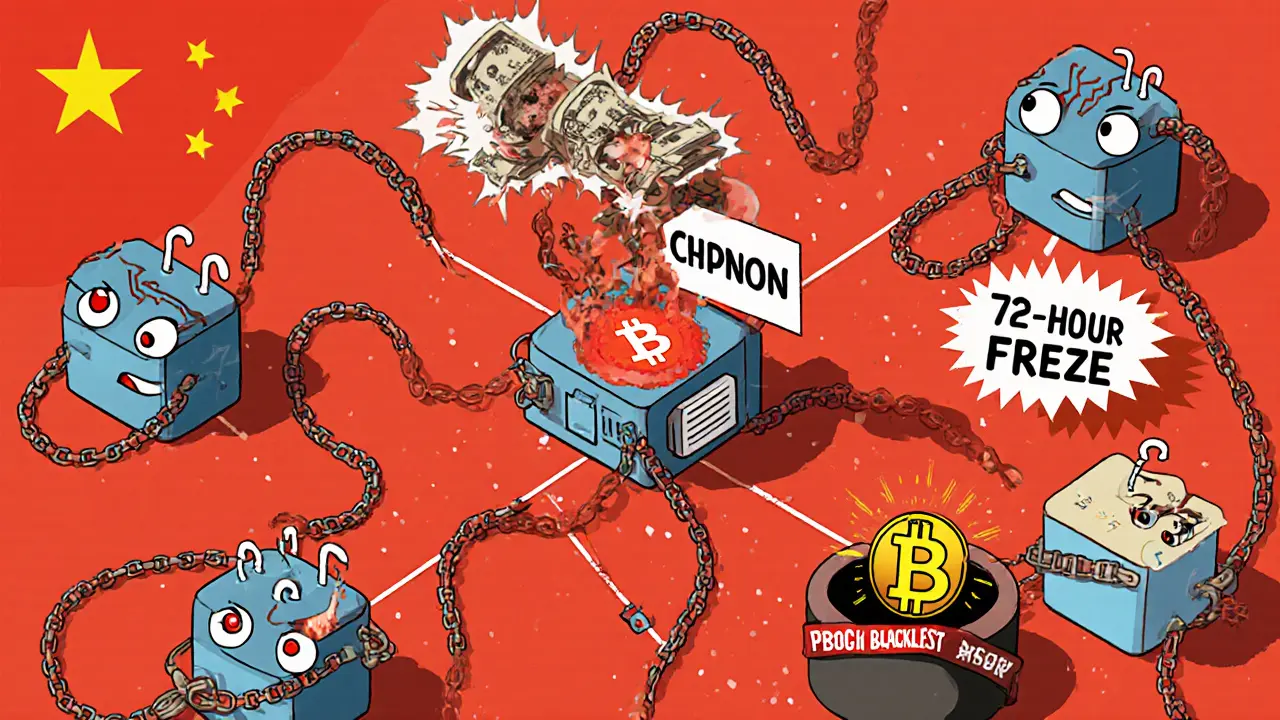 Bank accounts being frozen by AI tentacles and red tape after detecting a crypto deposit.