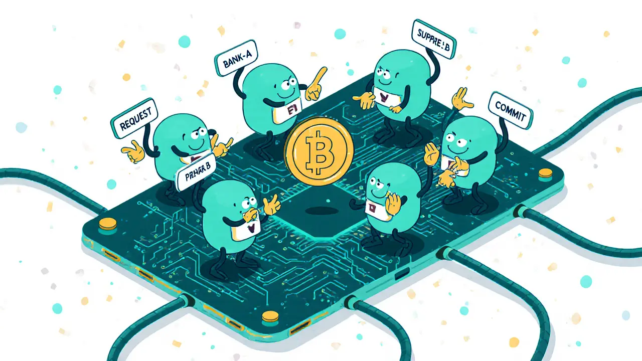 Bouncy node characters passing a transaction in four animated steps with glowing agreement sign.