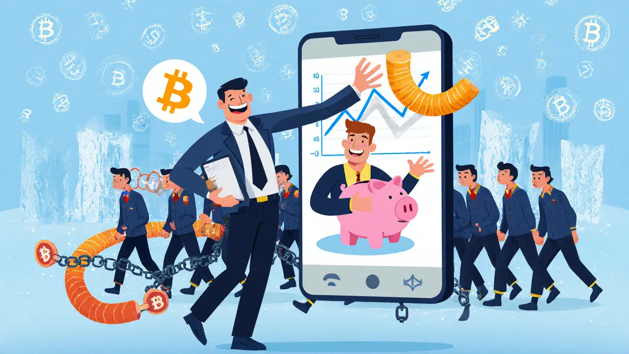 Cartoon scammer with long arms chatting to a victim via phone, while chained workers march behind in a surreal landscape.