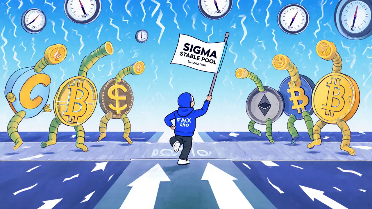Cheerful stablecoins dance across cross-chain bridges with fee-adjusting flags in a vibrant cartoon landscape.
