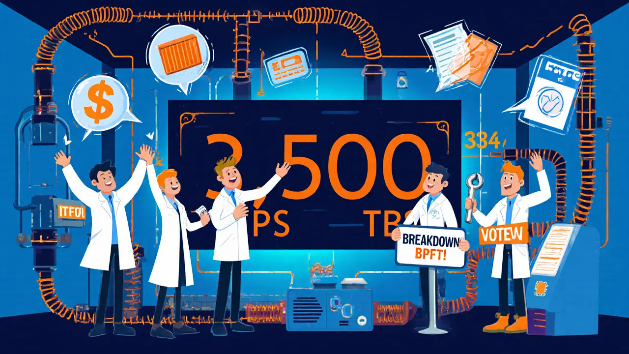 Engineers celebrating a 3,500 TPS blockchain counter with icons for finance, supply chain, and healthcare.
