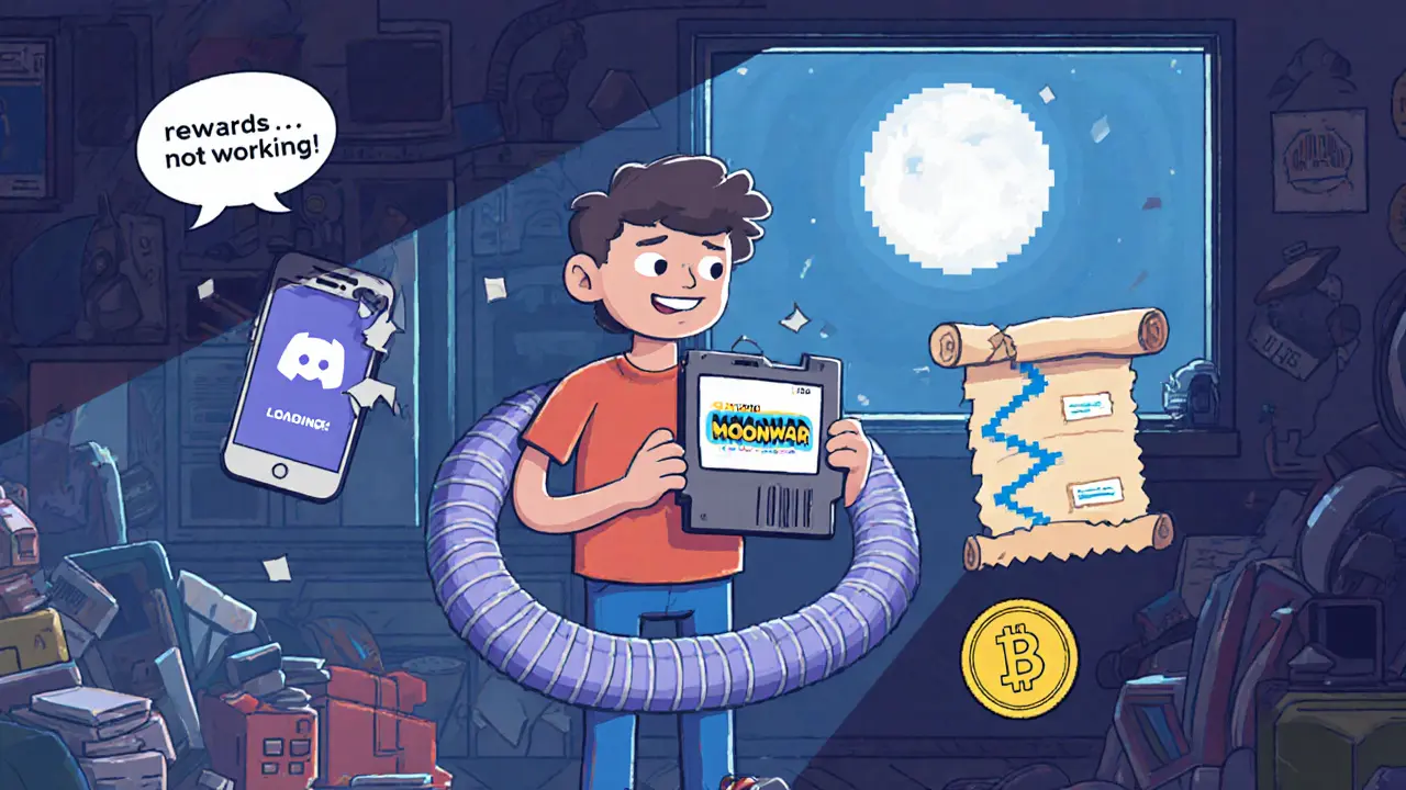 Indie developer in garage surrounded by broken gaming icons under a BNB-shaped moon.