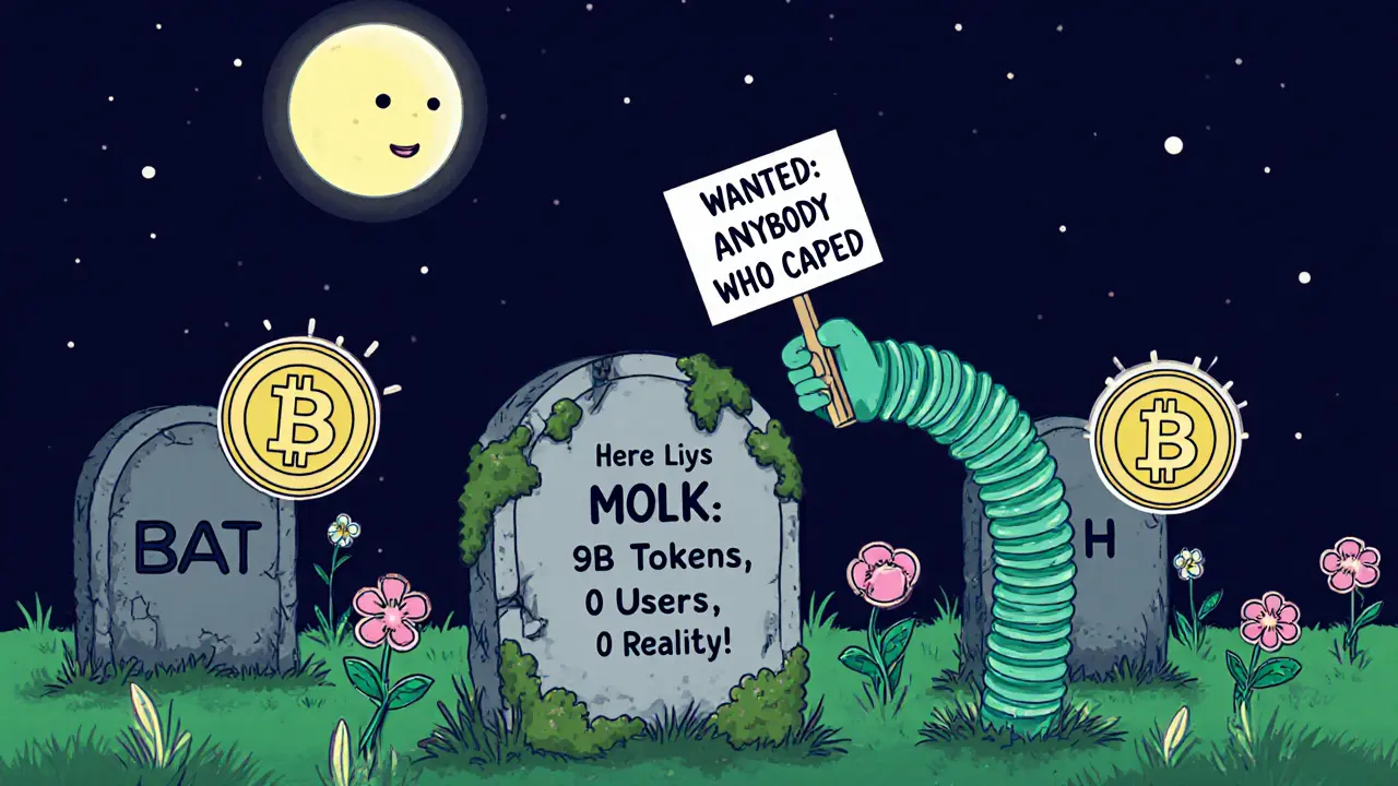 MOLK&#039;s tombstone in a crypto graveyard while other coins thrive under a moon labeled &#039;0 Market Cap&#039;.