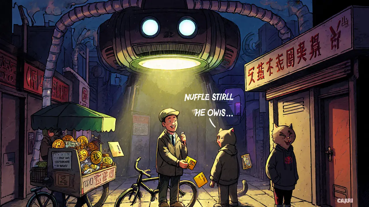 People secretly exchanging cash for crypto in alleyways while a digital yuan robot watches above.