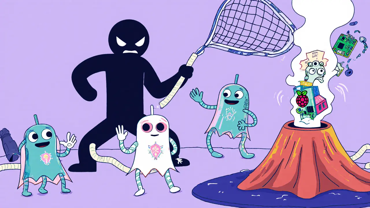 Quirky nodes hiding under Tor cloaks, escaping a central authority’s net, with Raspberry Pis and global locations in background.