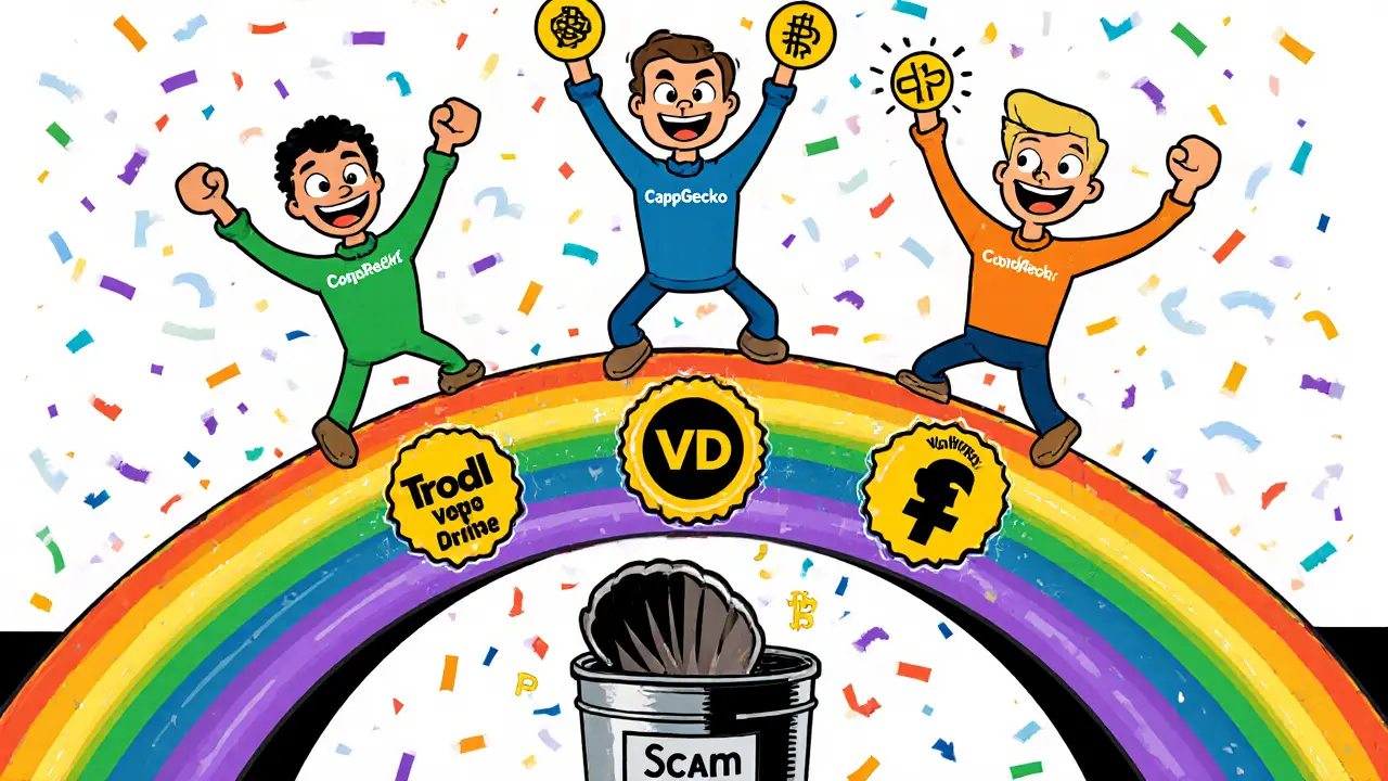 Three trusted crypto platforms dance on a rainbow bridge while a forgotten Trodl shell lies in a trash can labeled &#039;Scams&#039;.