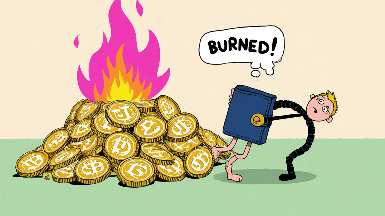 Tiny wallet overwhelmed by trillions of CHAINCADE tokens, with a burning pile behind it.
