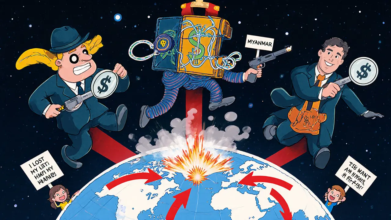 U.S. agents chasing crypto wallets and KNA leaders across a globe, with victims holding signs of lost savings.