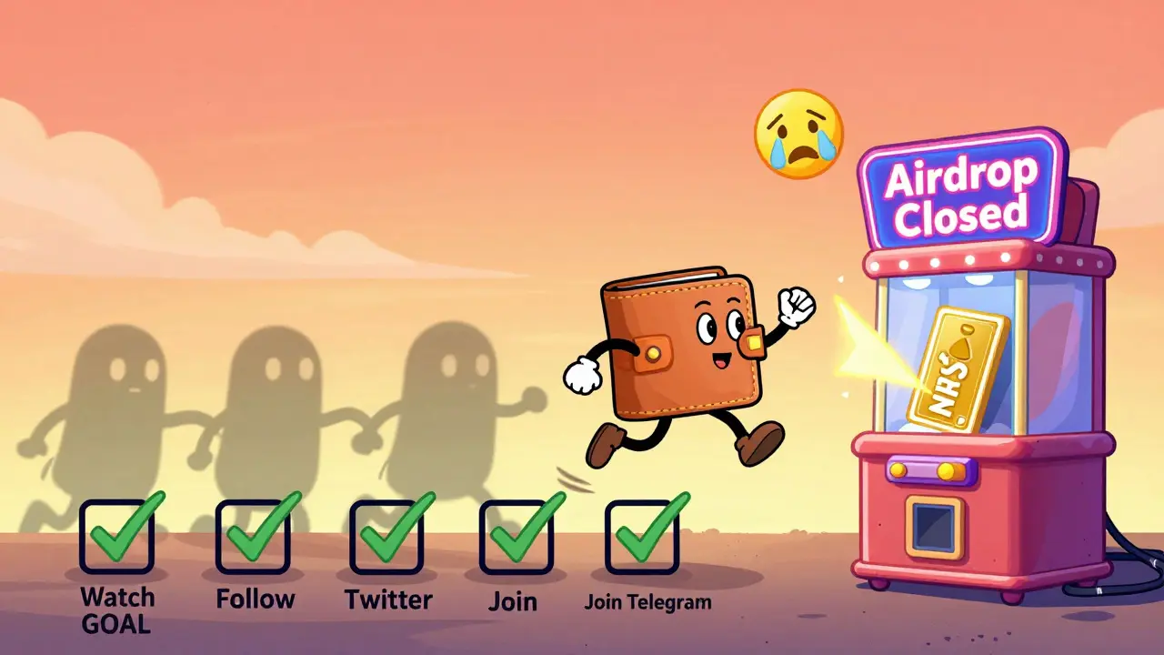 A cartoon wallet jumps through checkmarks to claim an NFT, dodging bot shadows.