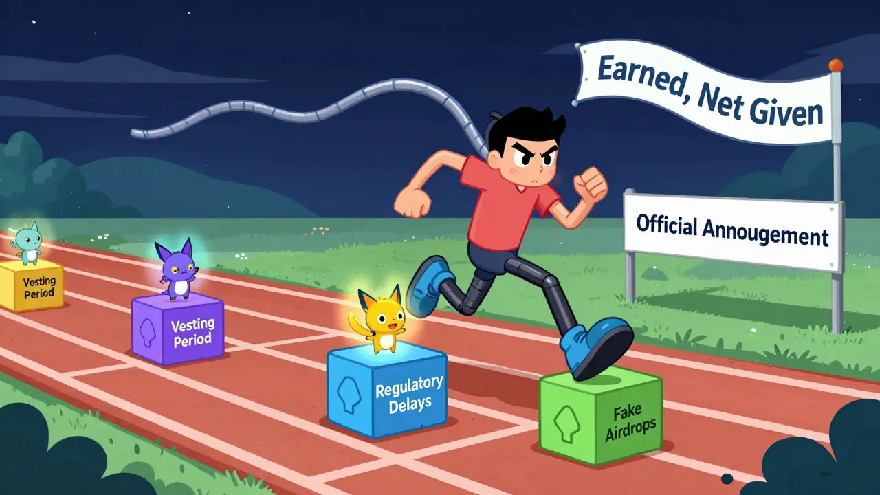 A character sprinting on blockchain blocks, collecting NFTs while avoiding fake airdrop obstacles.