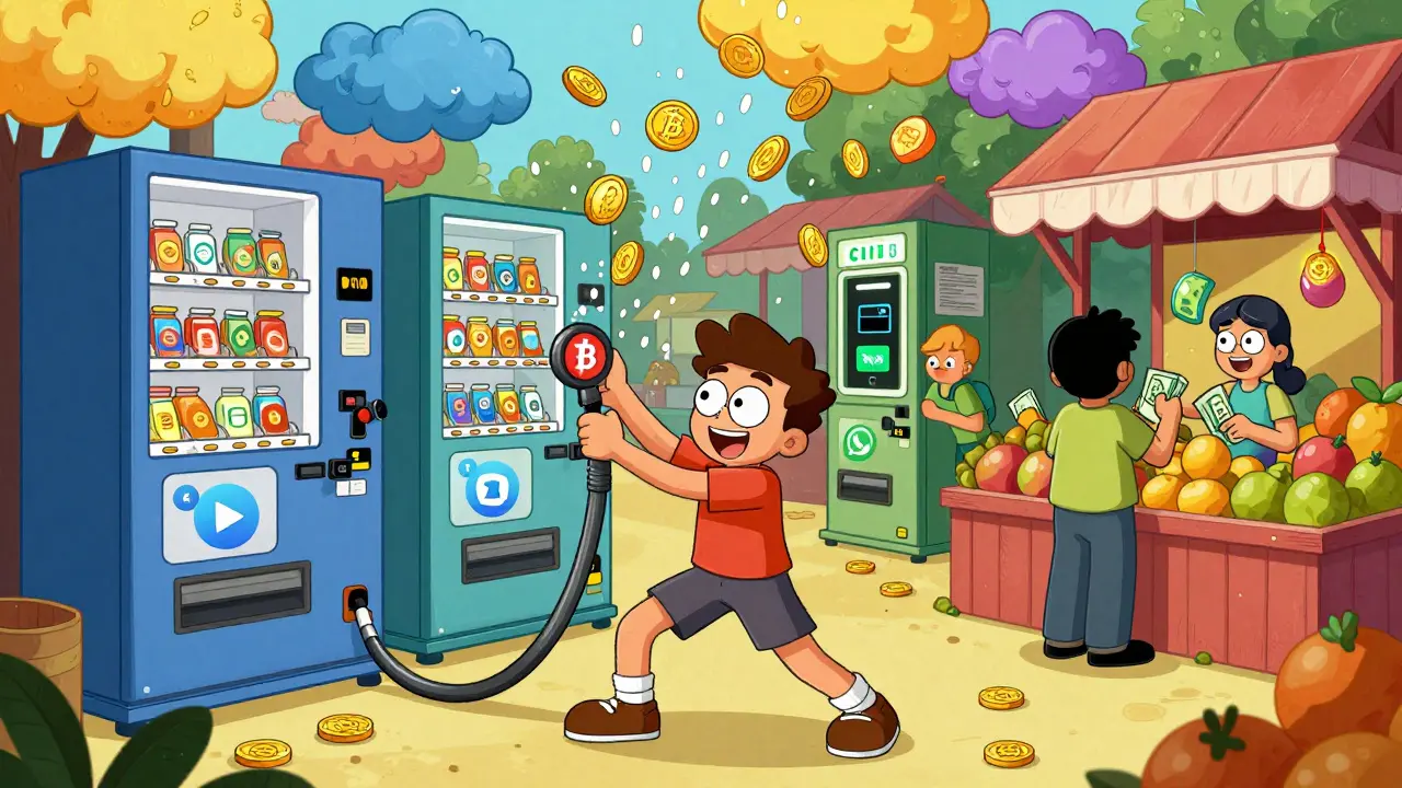 A colorful underground crypto market in Vietnam with people trading via hidden ATMs and Telegram bots.