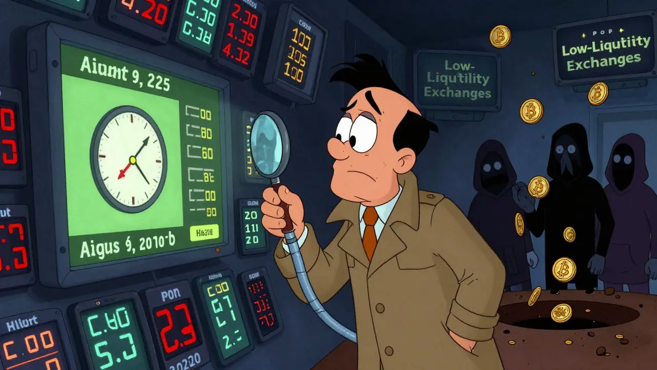 A confused trader staring at chaotic screens showing fake crypto prices, while shadowy figures dump tokens into a pit.