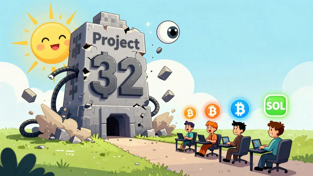 A crumbling monument labeled 'Project 32' collapsing into dust as legitimate crypto projects glow in the background.