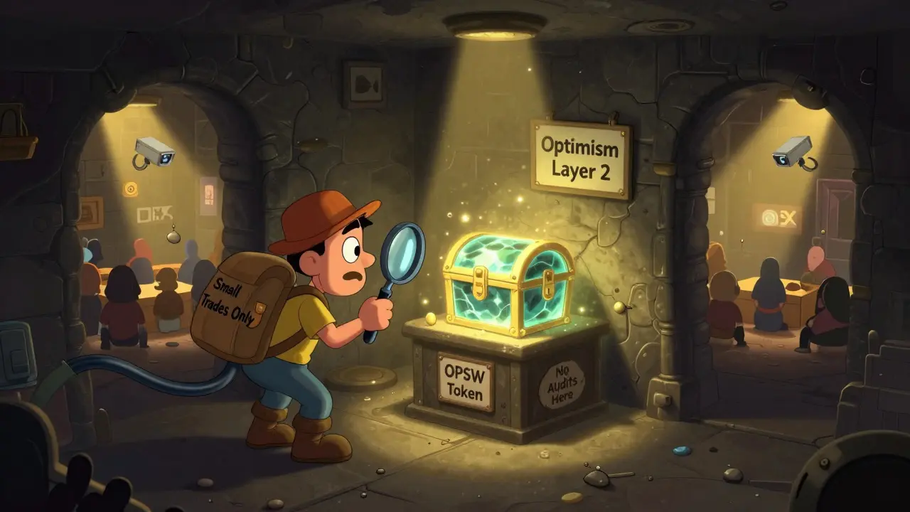 A curious trader peering into a dark corner of a crypto dungeon where a fragile token chest sits with no locks or guards.