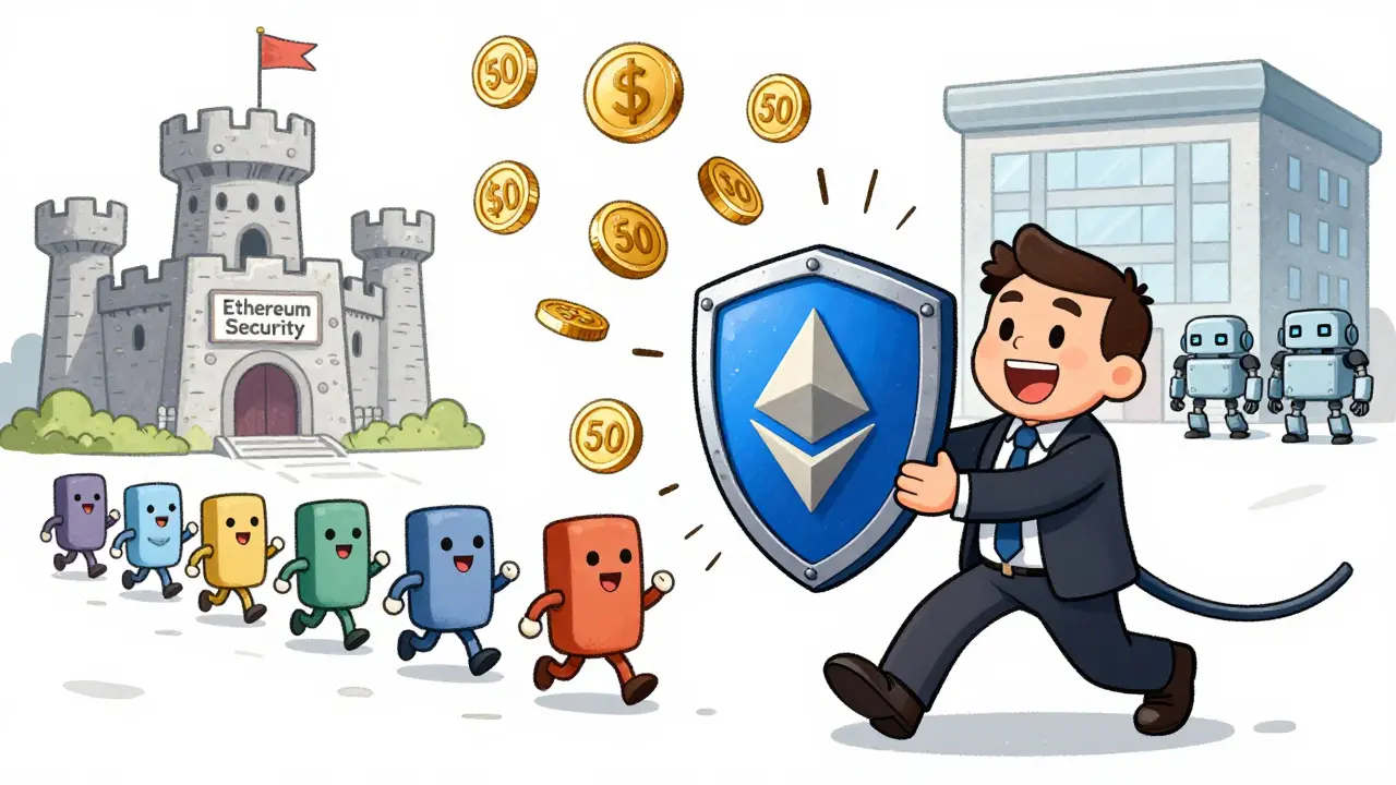 A developer uses a Polygon shield to block high fees, with tiny NFTs marching safely inside a castle.