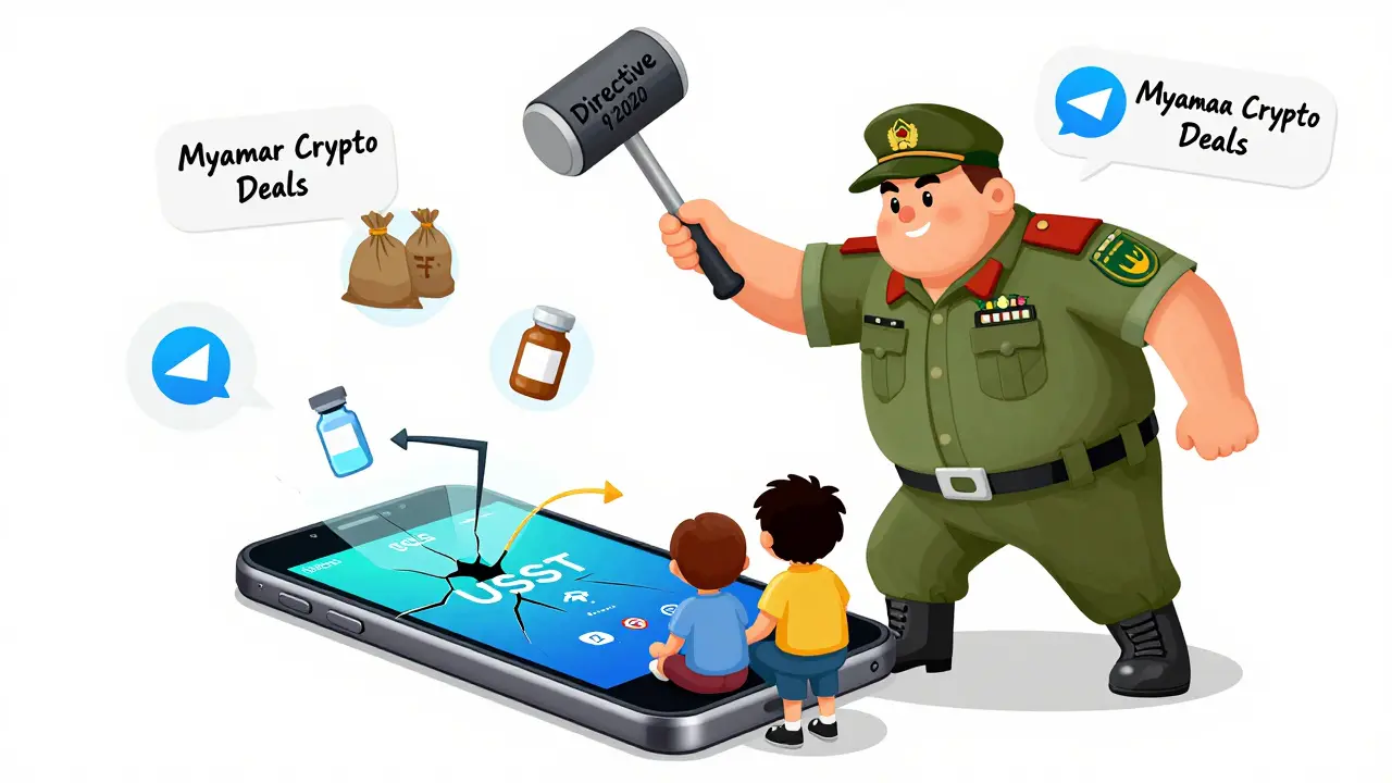 A family relies on a USDT phone balance to buy medicine, while a giant officer tries and fails to smash it.