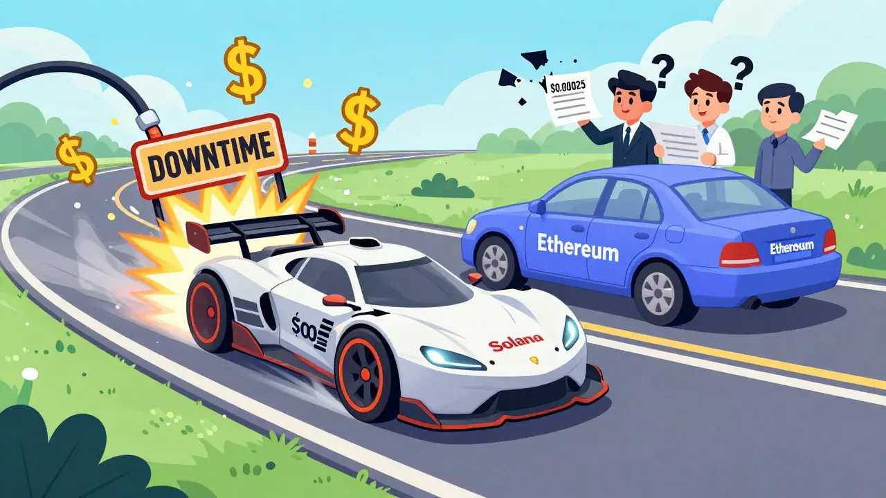 A fast Solana race car derails mid-track while Ethereum lags behind, in colorful cartoon style.