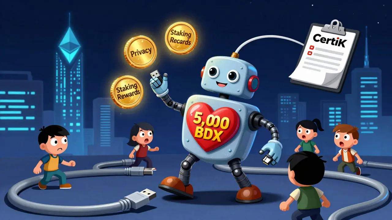 A friendly masternode robot juggling privacy tokens while confused users struggle with rubber-hose cables in a digital cityscape.