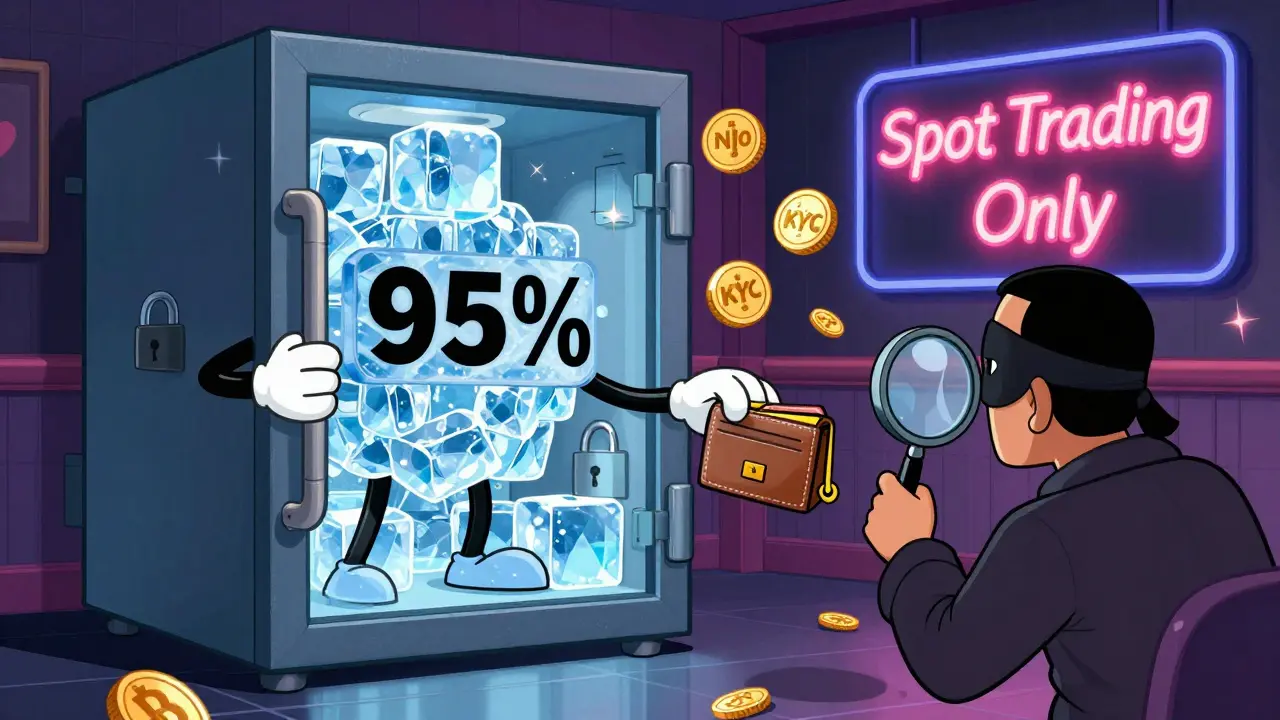 A friendly vault with arms handing a crypto wallet to a masked user, with &#039;No KYC&#039; coins floating nearby.