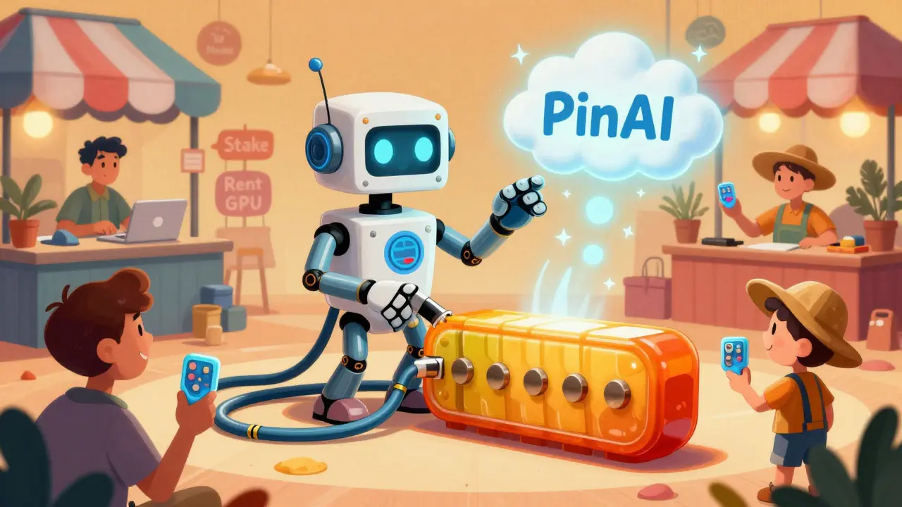 A GPU-headed AI robot feeds compute power into a giant PIN token while diverse users watch in a playful cartoon marketplace.